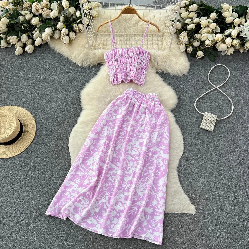 Holiday Floral Print Two Pieces Suits Zipper n Slim Tank Top A Line Long Skirt Vintage Bohemian Beach Sets 250514
