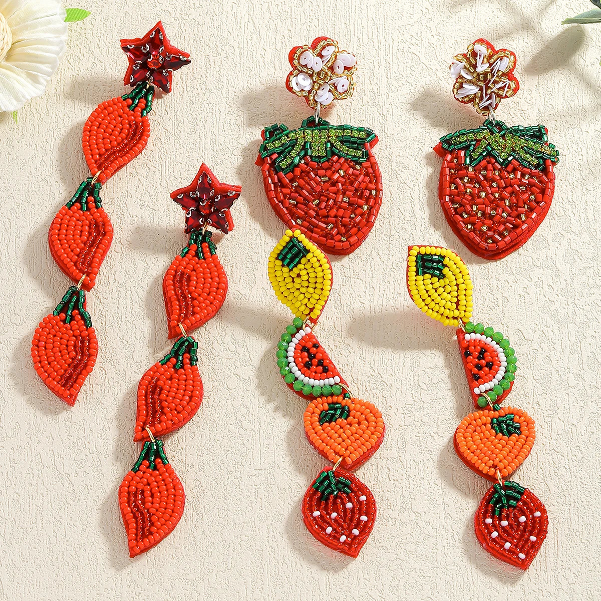 Bohemia Vintage Handmade Cute strawberry Lemon Orange Dangle Earrings For Women Red Color Rice Beads Summer Daily Jewelry Gift 250514