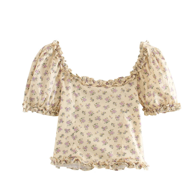 SIYANG Stylish Sweet Ruffles Floral Print Cropped Shirts Women Fashion Square Collar Tops Female Casual 250514