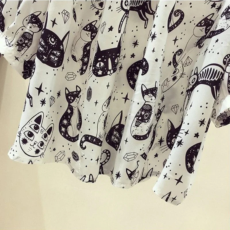 Cat Cartoon Print Chiffon Vintage ONeck Short Sleeve Loose Womens Blouse Shirt Korean Fashion Female Clothing Tops Summer 250514