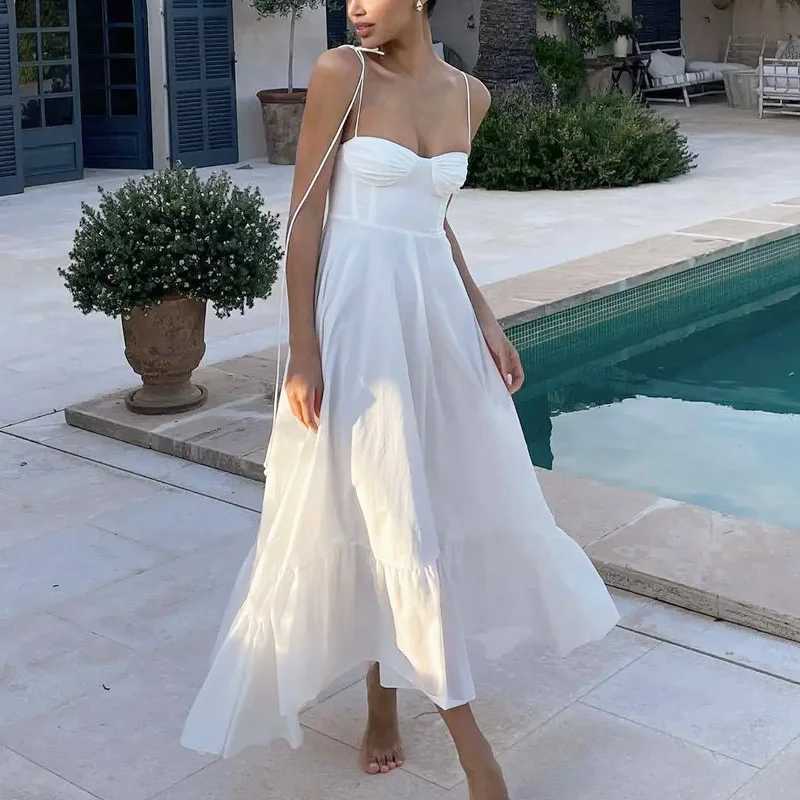TRAF White Long Dresses 2024 Women Summer Elegant Evening Party Butterfly Midi Dress Ladies Fashion Pleated Slip Dress DressesXJ250514