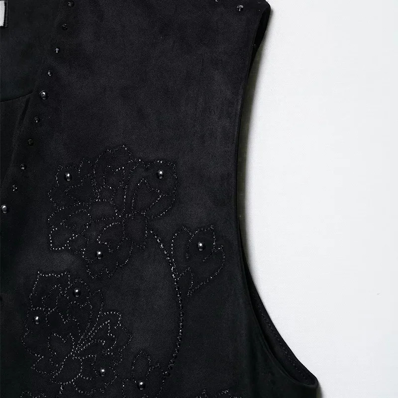 Willshela Womens Fashion Beaded Black Sleeveless Jacket Waist Coat Retro Vneck Tank Top 250506
