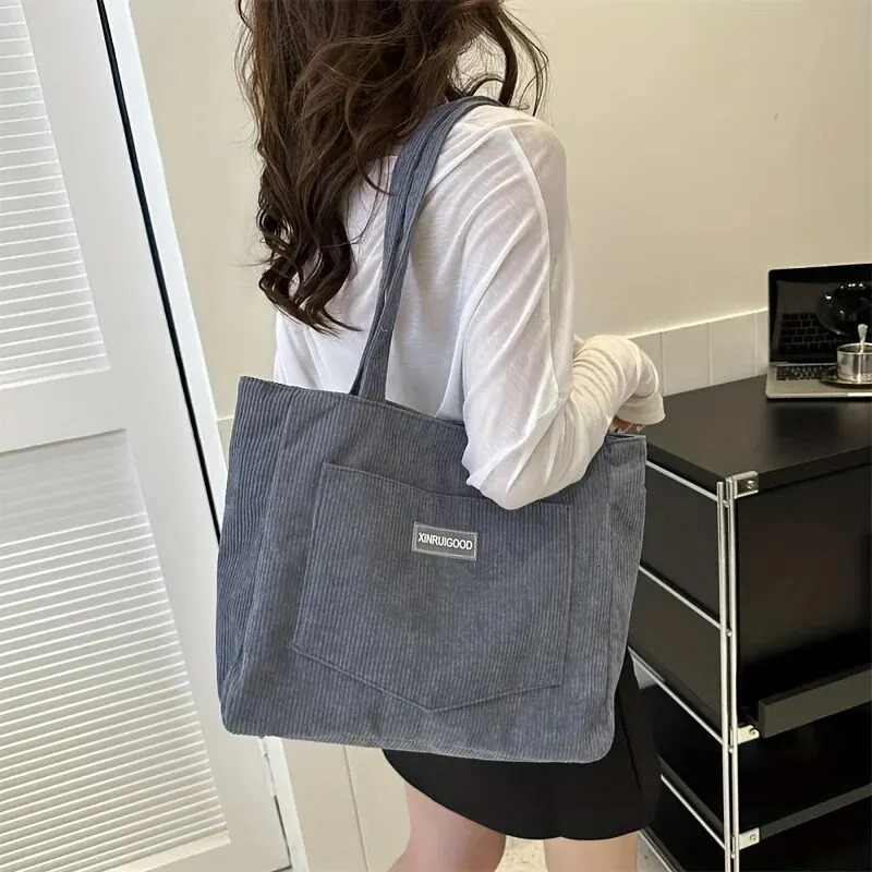 Large Capacity Shoulder Bag Trendy Corduroy Tote Solid Color Ladies Handbag With Front Pocket 250514