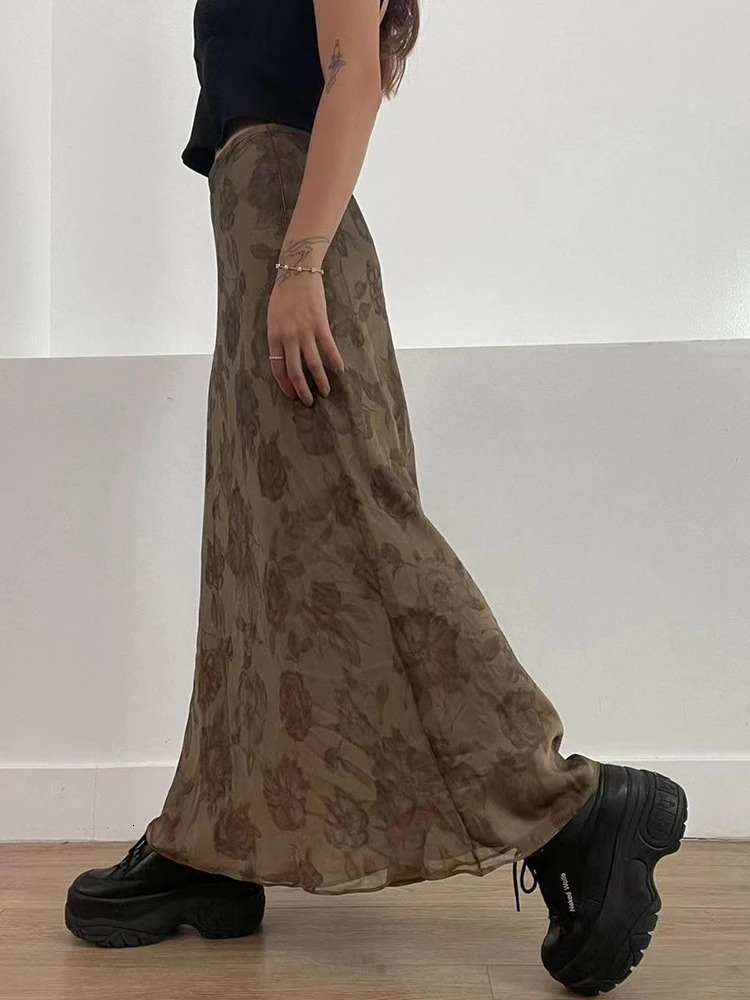 IAMSURE Vintage Floral ALine Mesh Skirt Casual Slim See Through MidWaisted Maxi Skirts Women Autumn Spring Fashion Ladies 250514