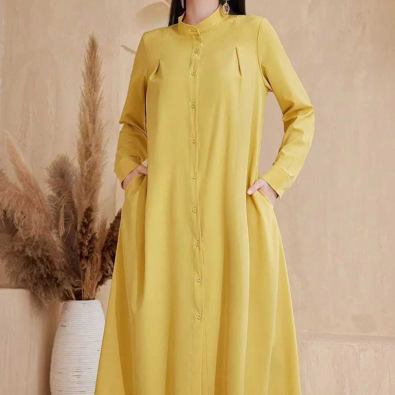 Spring Autumn Muslim Long Dresses Women Single-breasted Yellow Dress Abayas Clothing For Women Hijab Dress X250514