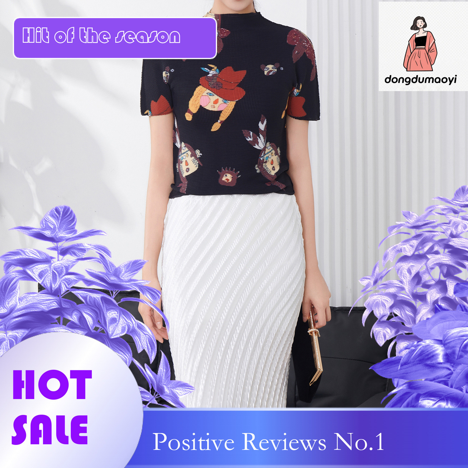 dongdumaoyi Miyake Fashion Folded Top Summer New Cartoon Elastic Versatile Half High Collar and Slimming Short Sleeve T-shirt for Women