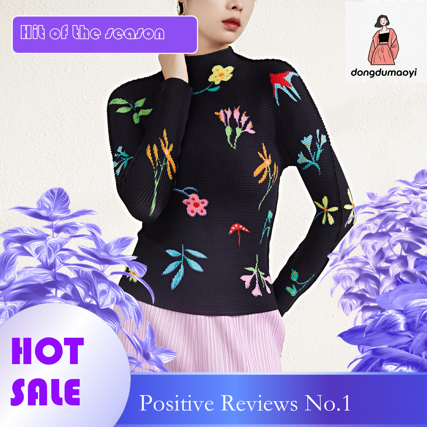 dongdumaoyi Miyake printed top long sleeved women's spring pleated new style semi high neck fashionable temperament slim fit base T-shirt