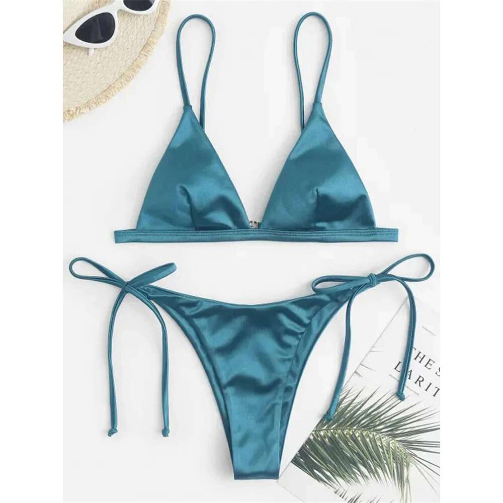 6 Colors Satin High Leg Cut Brazilian Women Swimwear Female Swimsuit Two-pieces Bikini set Bather Bathing Suit Swim K4964