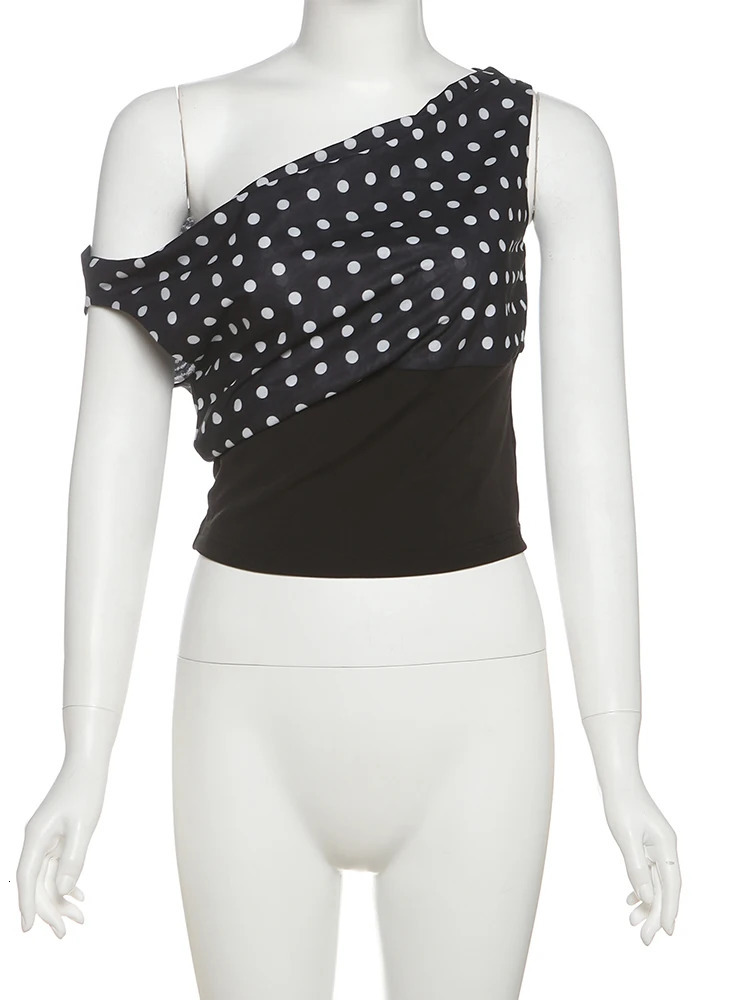 Weird Puss Polka Dots Print TShirts Women Summer Trend Skew Collar Off Shoulder Backless Street Fashion Ruched Crop Tops 250514