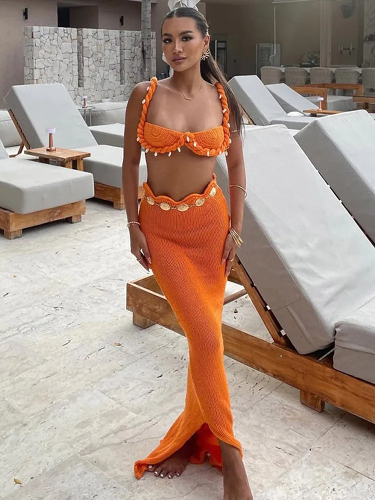 Sexy Knit Beach Skirts Suits Women Elegant Twisted Patchwork Shell Bra Top Sets Female High Waist Vacation Set 2 Pieces 250514