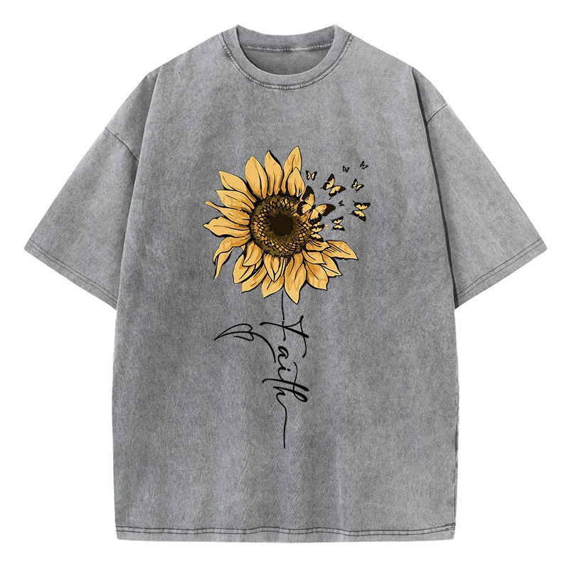 Sunflower And Butterfly Cotton Washed TShirt Women Prints Tops Summer ONeck Oversized T Shirts Vintage Black Woman Clothes 250514