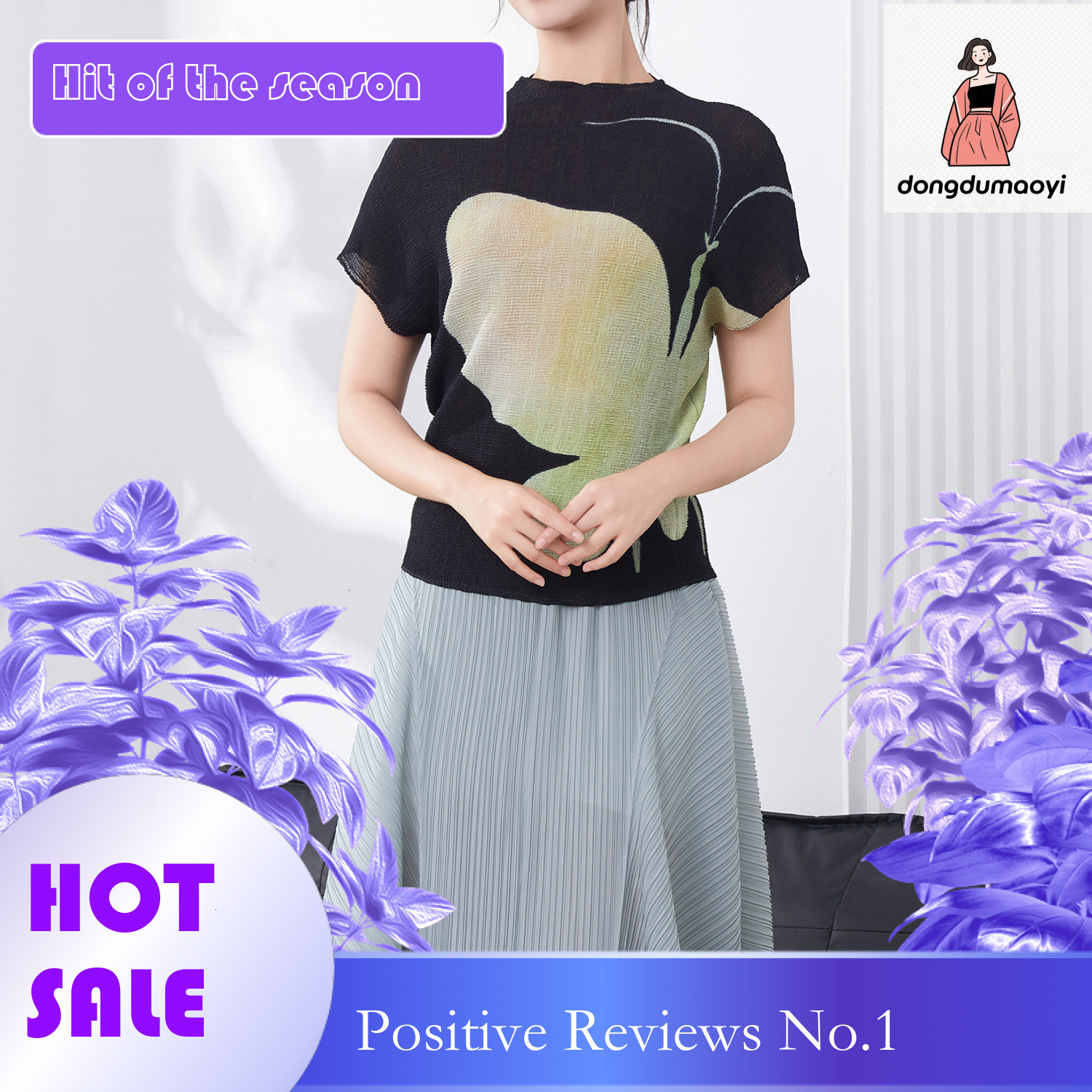 dongdumaoyi Nanyou women's clothing design sense printed short sleeved T-shirt new versatile summer round neck high-end feeling slimming pleated 