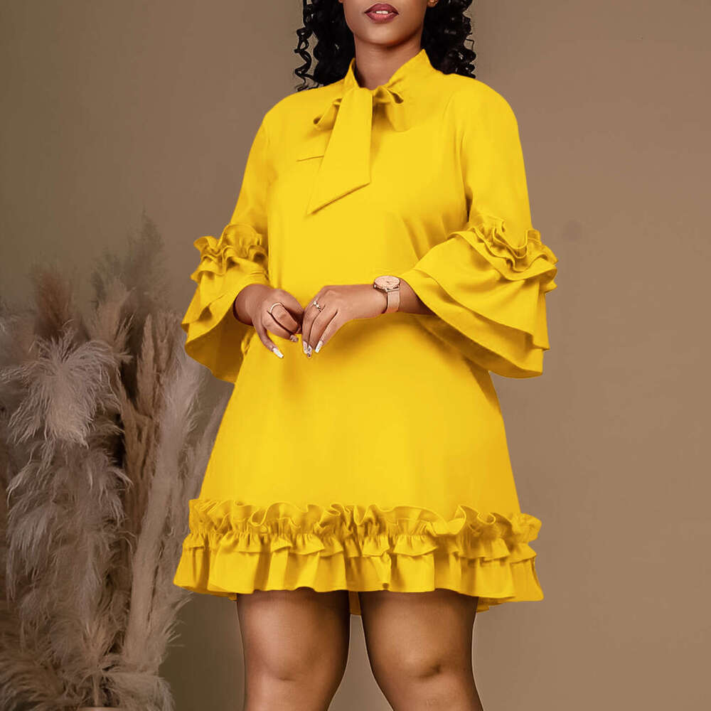 Women's Wear Women's Wear Women's Loose Casual Large Ruffle Sleeve Lace Up Solid Color Dress