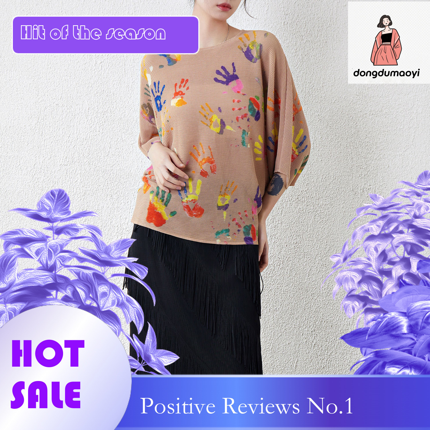 dongdumaoyi Miyake printed top, summer thin, new style, pleated, loose, flesh blocking, western-style T-shirt, round neck, batball sleeves, slim and t
