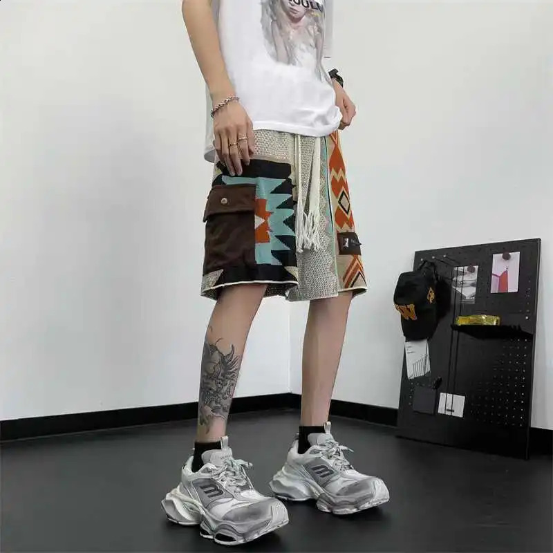 American Vintage Patchwork Knit Shorts For Men Navajo Embroidery Geometric Knitting Short Pant Summer Oversize Loose Shorts Fat 250513