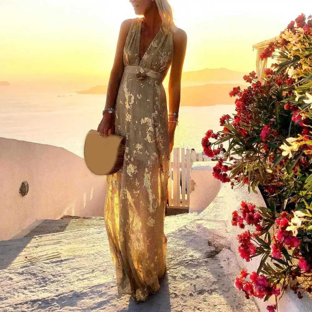 Party Dress Flowy Hem Soft Ankle-Length Elegant Bronzing Applique Casual Vest Gown Dress Beach Dress Female ClothingXJ250514