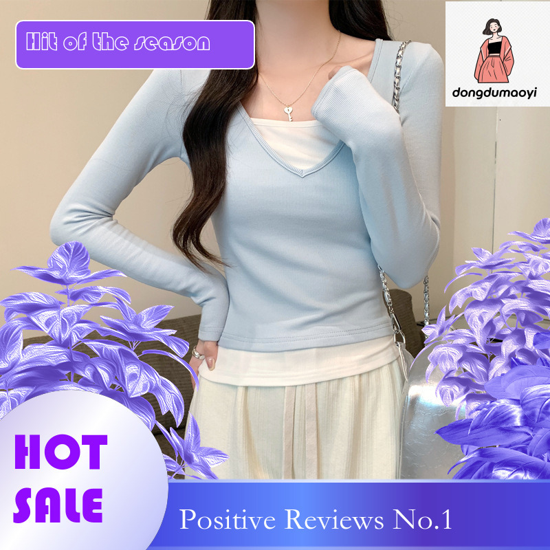 dongdumaoyi V-neck exposed collarbone short top, layered, sweet and spicy girl fake, two contrasting color, slim fit bottom shirt, T-shirt, women'