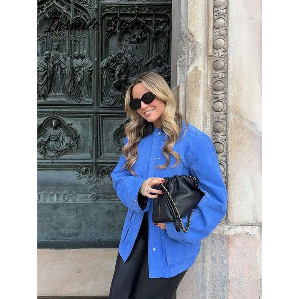 Casual Patchwork Women Jacket Turn Down Collar Long Sleeve Pockets Loose Female Jackets 2025 Spring New Fashion Lady Streetwear