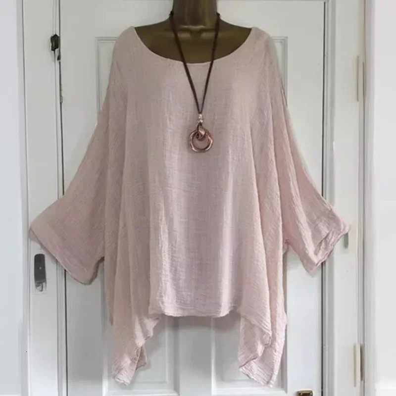 Womens tshirts Plus Size 5XL TShirt Linen O Neck Casual Loose Shirt Summer Autumn Solid Batwing Long Sleeve 250514