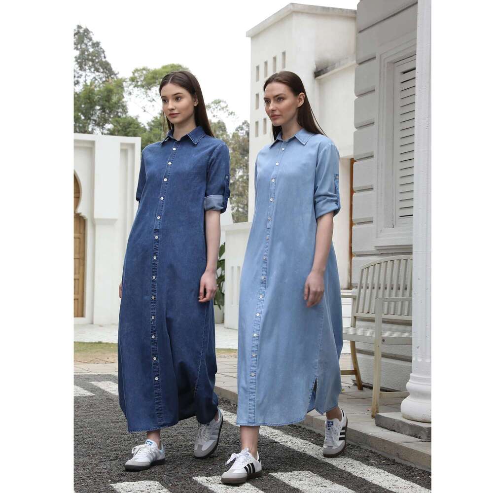 AP Ss25 Women Collar Denim Dress Blouse Style Casual Cotton With A Removable Belt