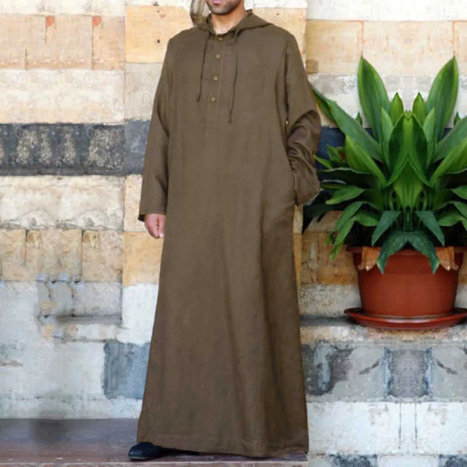 Mens Hooded Muslim Robe Button Long Sleeve Casual Jubba Thobe 2025 Ramadan Muslim Prayer Robe Arabian Islamic Clothes Djellaba X250514