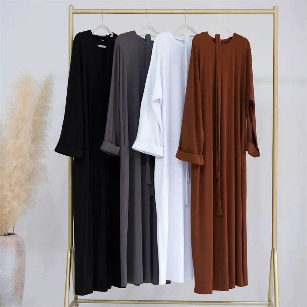 Modest Casual Plain Muslim Women Ribbed O-neck Long Maxi Dress Turkey Dubai Arab Kaftan Femme Abaya Eid Ramadan Jalabiya Caftan X250514