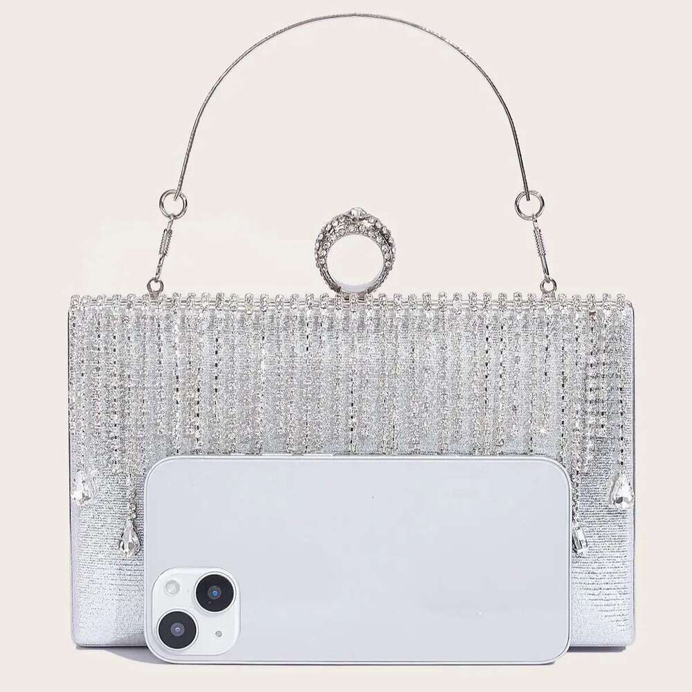 Women's Evening Sier Clutch With Rhinestone Tassel Wedding Party Handbag Square Purse Elegant Shoulder Bag