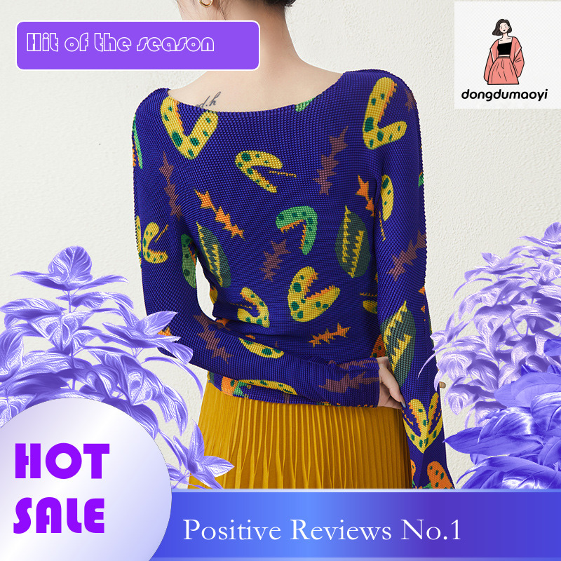 dongdumaoyi Miyake women's round neck long sleeved 2024 early spring pleated new slim fit thin T-shirt base shirt for women