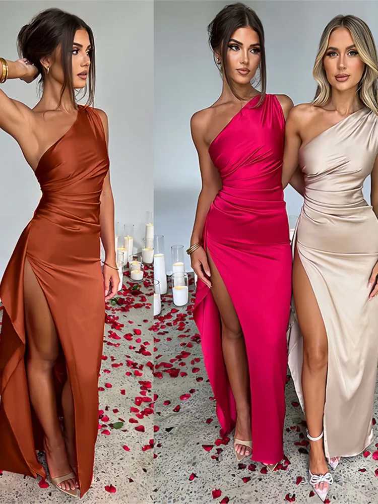 Summer Sexy One Shoulder Satin Long Dress For Women Sleeveless Backless High Split Party Evening Dresses Elegant Cocktail DressXJ250514