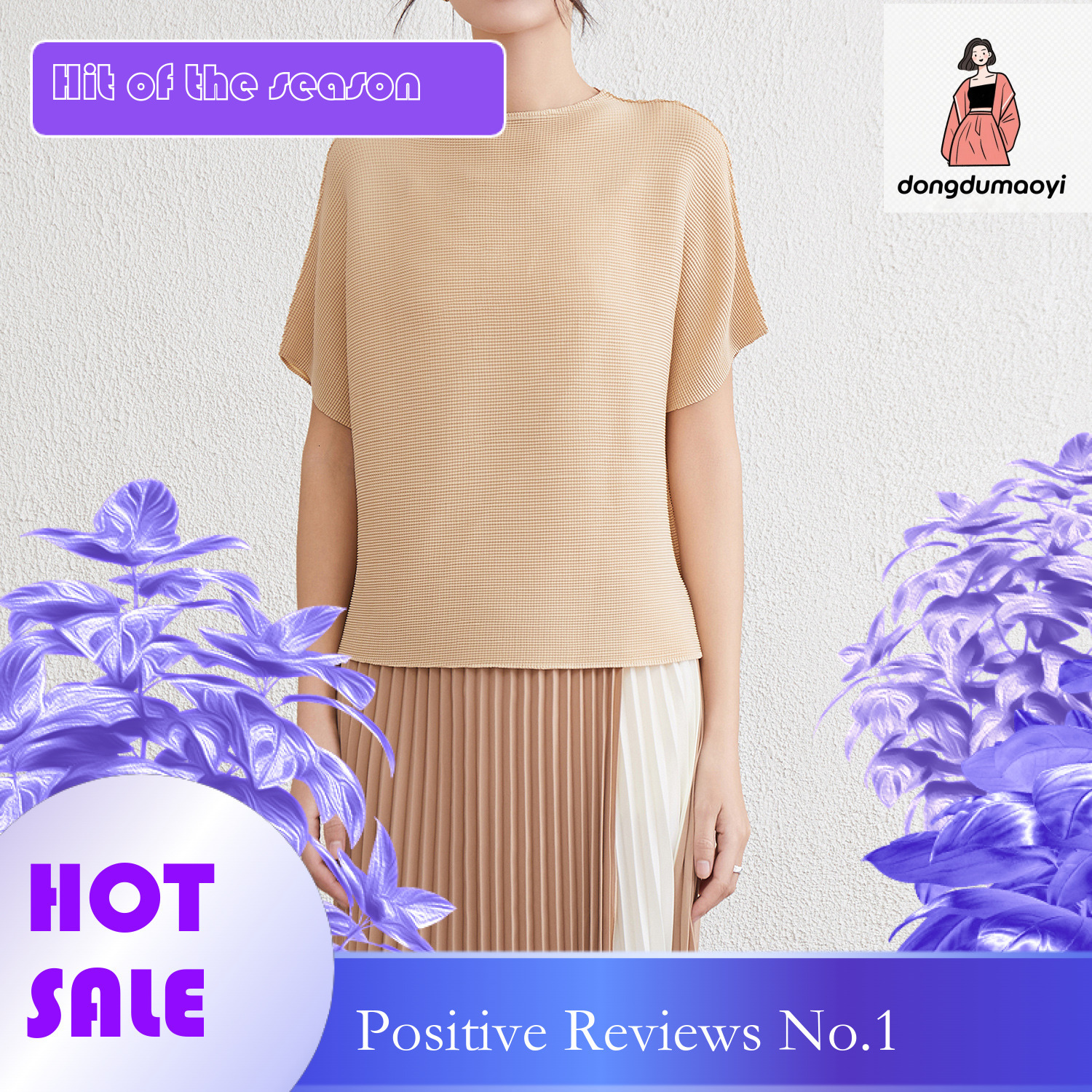 dongdumaoyi Miyake design sense loose short sleeved round neck pleated T-shirt solid color plus size western-style meat blocking top for women