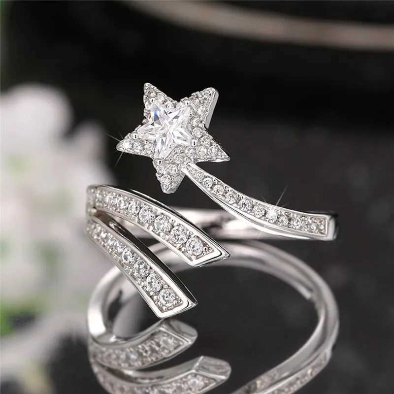 925 Sterling Silver Star Rings for Women Full Crystal Cubic Zirconia Resizable Opening Rings Daily Wear Fashion Jewelry GiftsXJ250514
