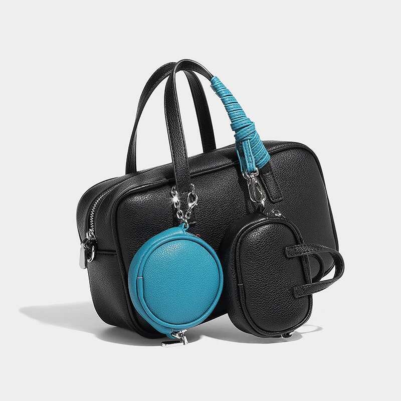 Bowling Bag With Two Matching Wallets,Boston Crossbody Shoulder Bag,Niche Fashion Women Tote Bag,Color Contrasting Lady Handbag