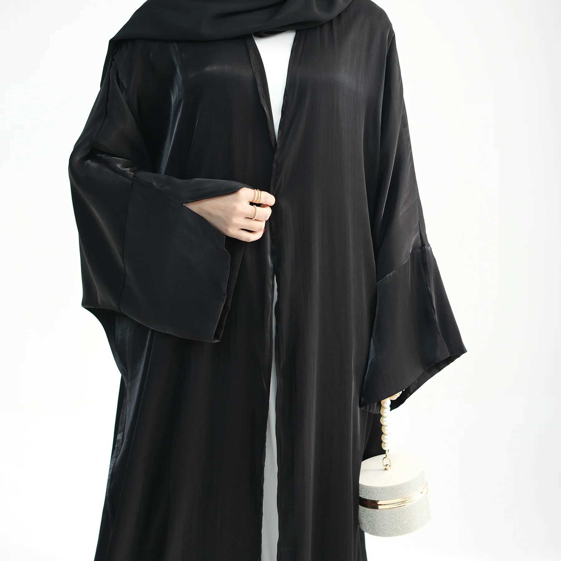 Plain Dubai open abaya moroccan kaftan turkish shiny Ramadan stain dresses Islam Muslim Modest Dress Sets Prayer Clothes Women X250514