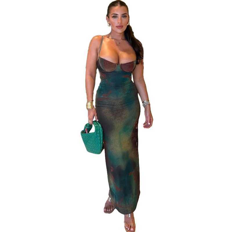 Summer Maxi Dresses Ladies Elegant Spaghetti Strap Slim Dress Vintage Tie Dye Print Women Casual DressesXJ250514
