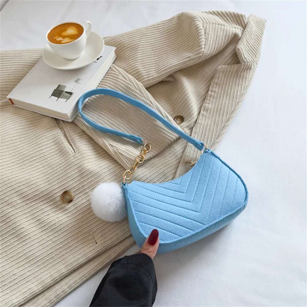 Felt Cloth Fashion Pattern Shoulder Bags Small Handle Underarm Bag Clutch Solid Color Female Handbag With Purse For Women