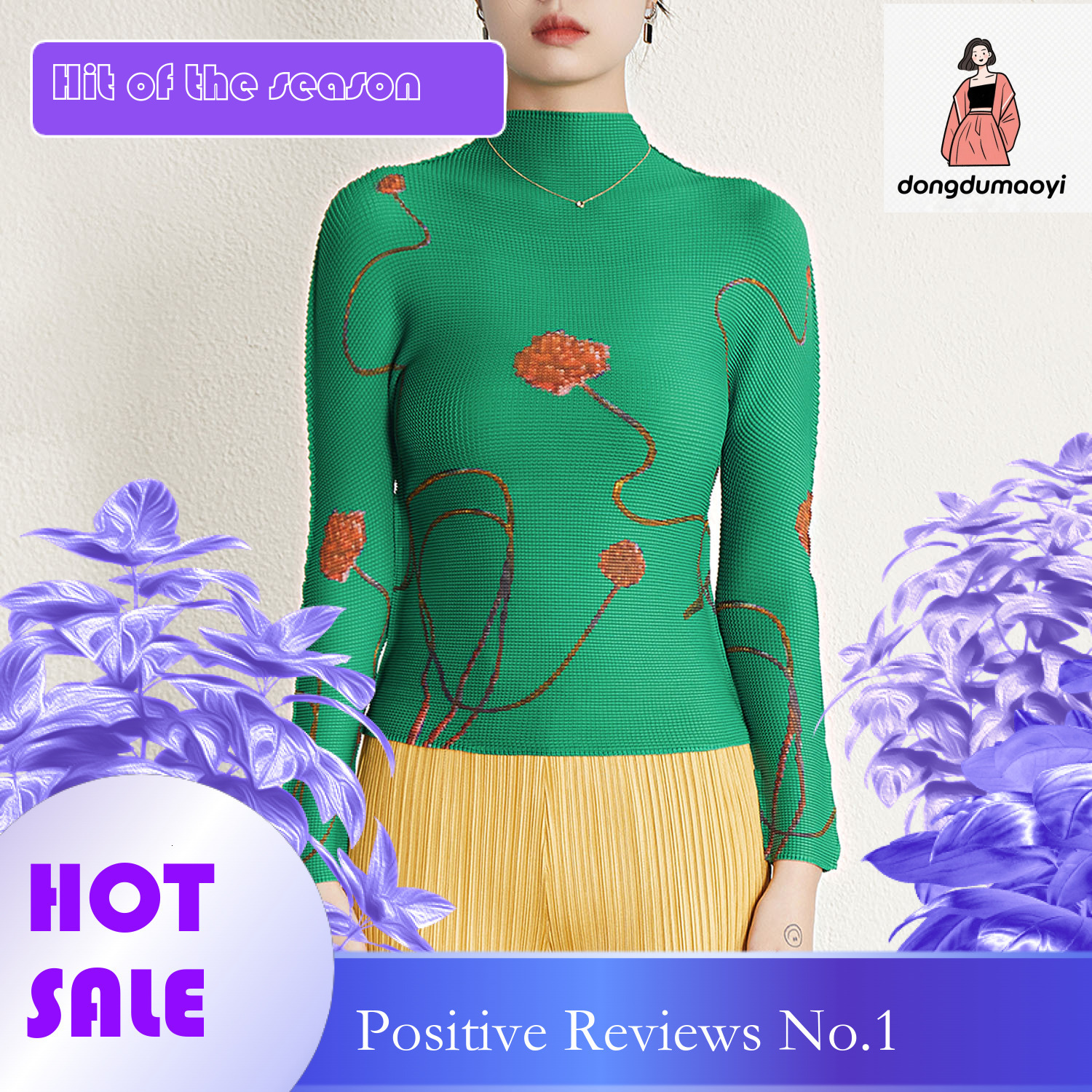 dongdumaoyi Autumn winter new design pleated printed long sleeved top T-shirt for women's three bedroom semi high neck slim fit and slimming base