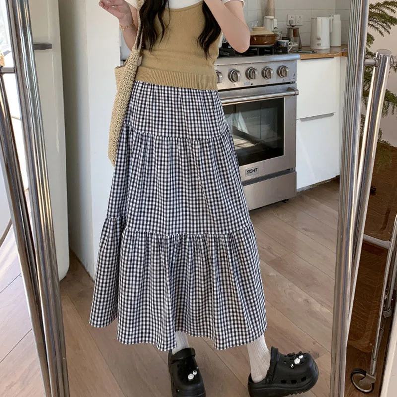 Vintage Plaid ALine Skirt Female Summer AllMatch Patchwork Long Big Swing Women Casual High Waisted Midi Skirts 250514