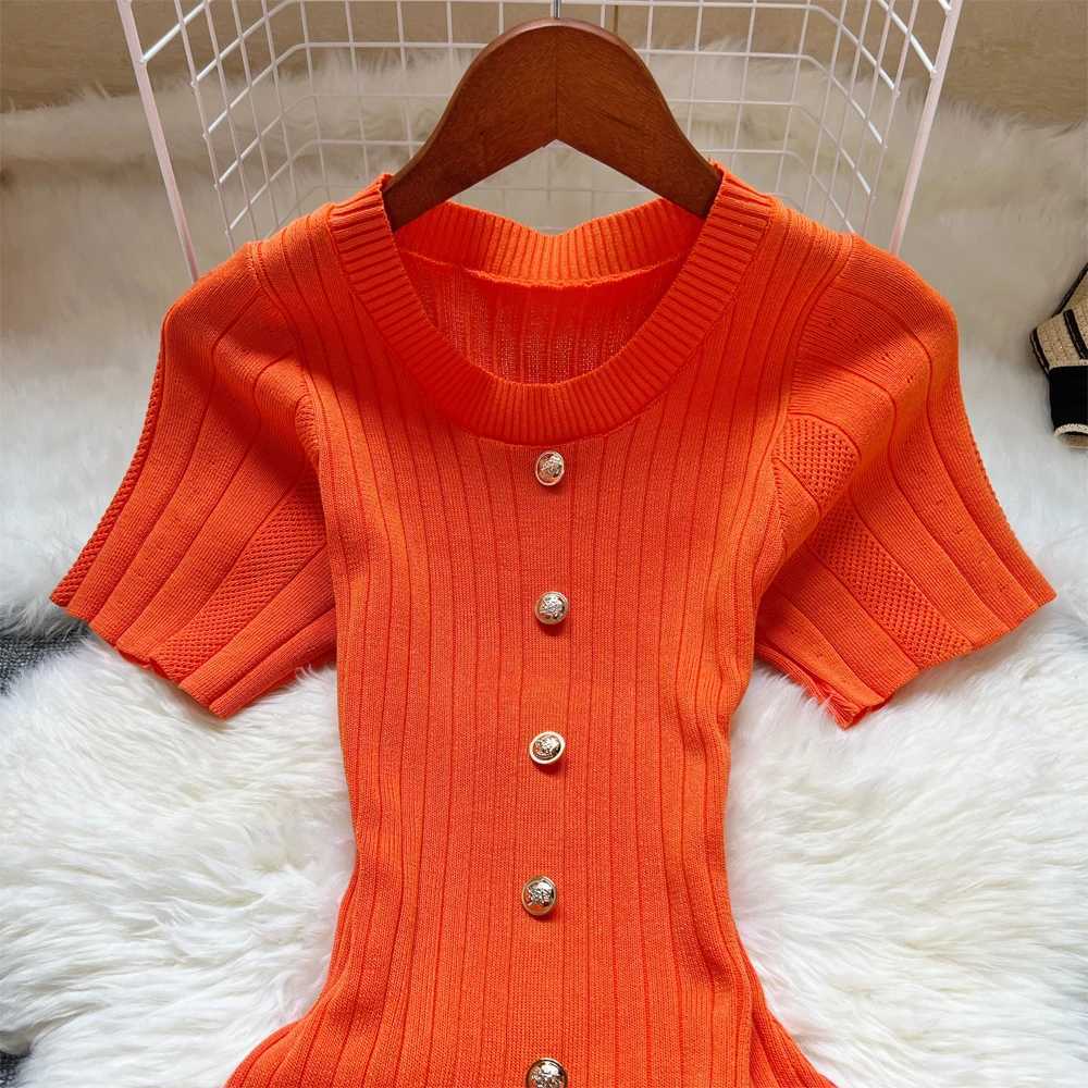 YuooMuoo 2025 Summer Women Knitted Long Dress Brand Fashion O-neck Buttons Bodycon Sweater Dress Elegant Lady Office VestidosXJ250514