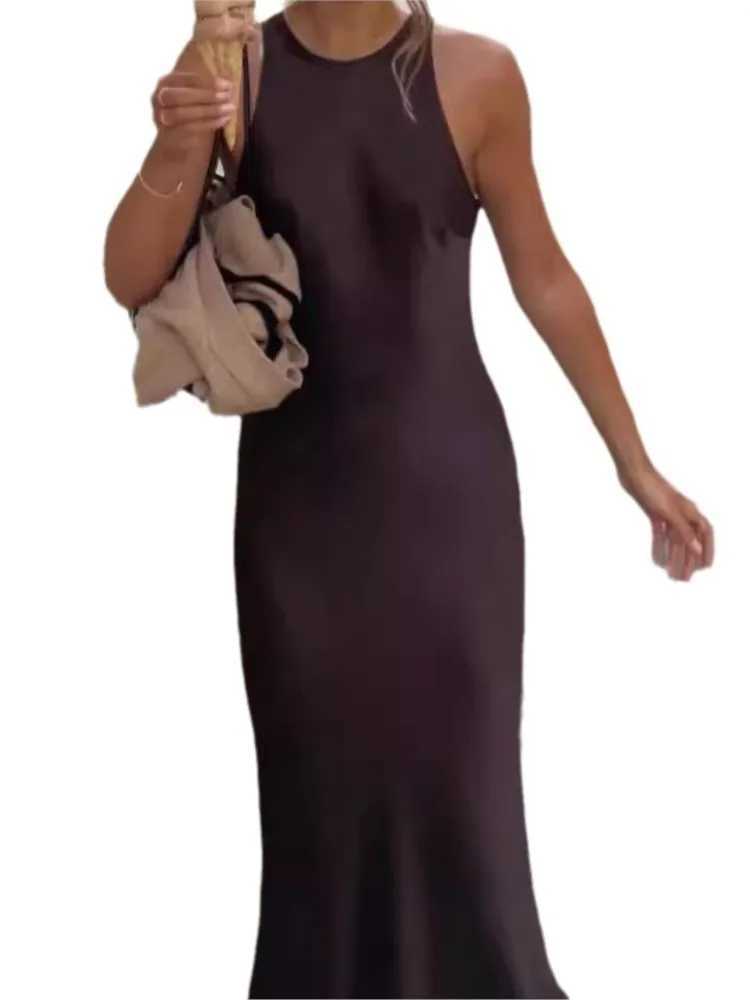 Womens Elegant Satin Sleeveless Midi Dress Fashion Solid Color O Neck Slim Fit Dresses Female Stylish Street Party Dress 2024XJ250514