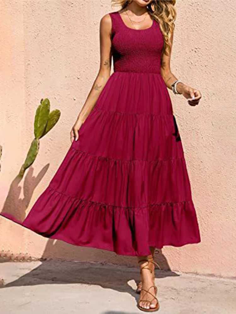 Dresses For Women 2024 Summer Sexy Elegant Sleeveless Floral Solid Color Long Dress Fashion Elastic Waist Beach Party Big SwingXJ250514