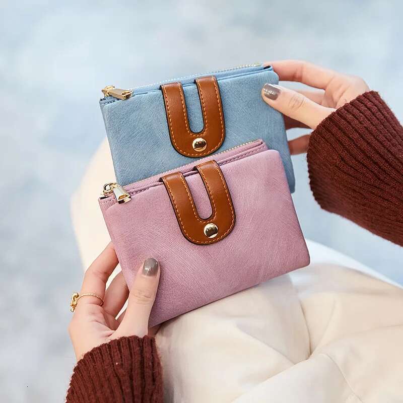 Women's PU Leather Short Wallet - Fashion Double Fold Design, Large Capacity Credit Card Holder with Color Contrast