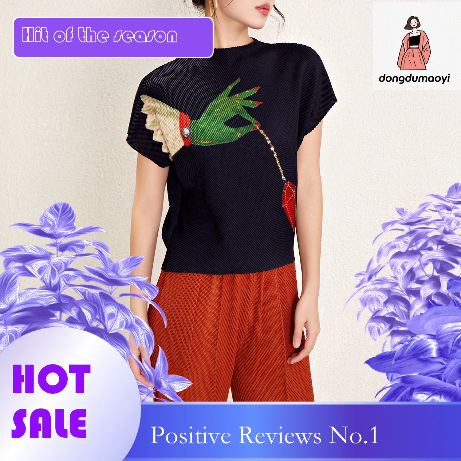 dongdumaoyi Miyake top short sleeved 2024 new summer design sense niche round neck loose slimming printed pleated t-shirt for women