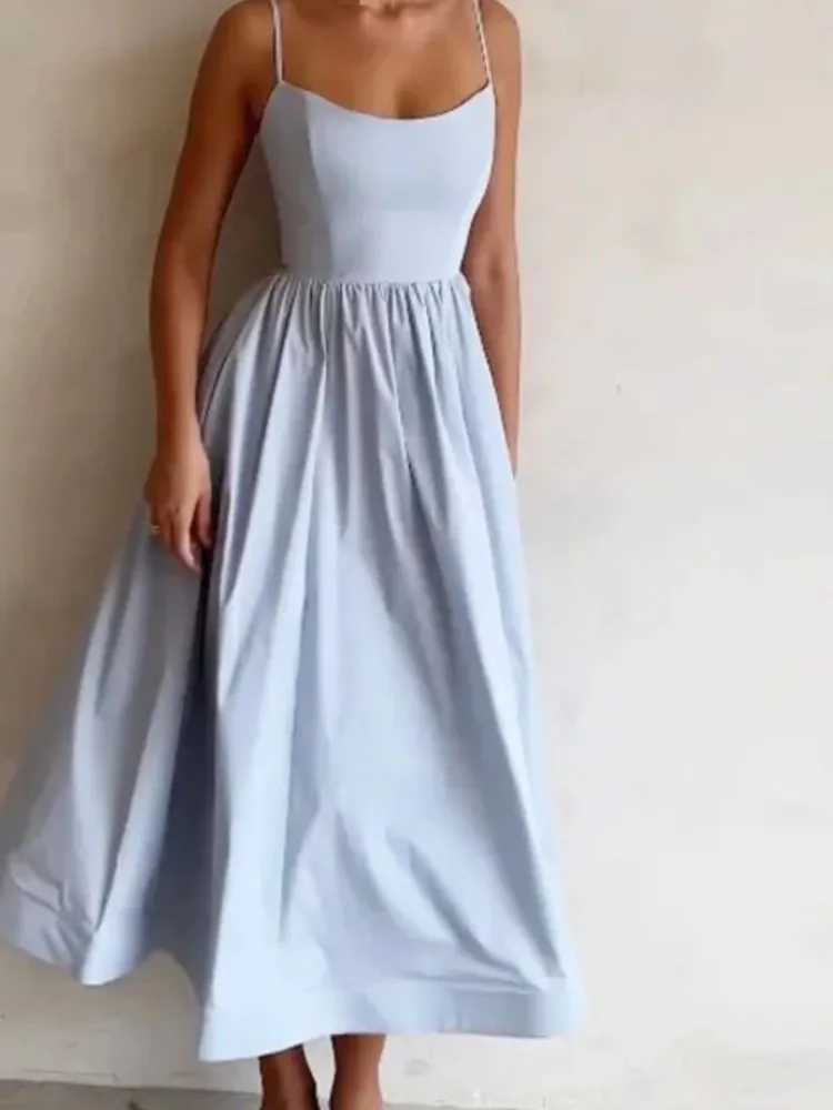 Summer U-neck Casual Female Vintage Elegant Spaghetti Strap Dress Womens Elegant Solid Sleeveless A-line Midi Womens DressesXJ250514