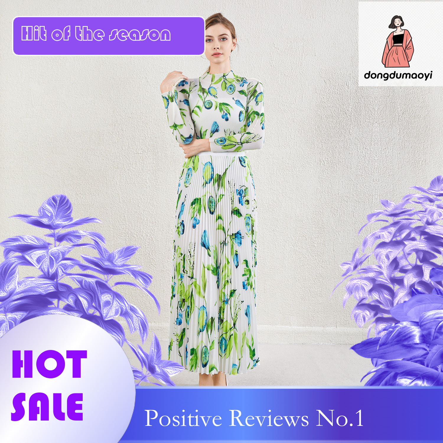 dongdumaoyi Colorful high waisted half women's large swing skirt, new printed top, slim fit small shirt, pleated set