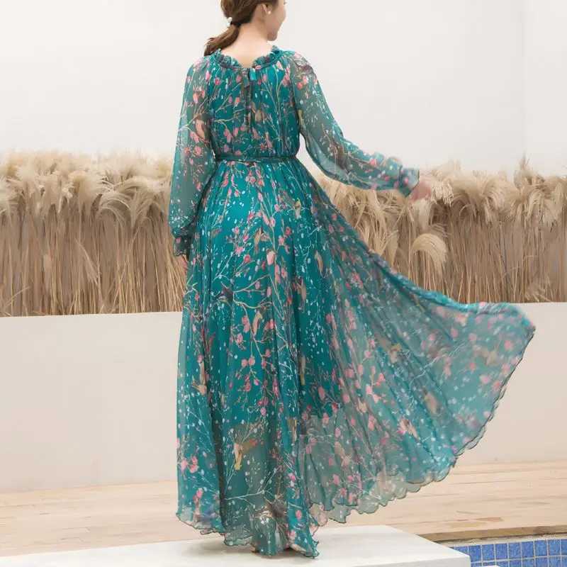 2023 Boho Floral Print Party Dress Women Vestidos Elegant Fashion Loose Chiffon Long Slve Muslim Abaya Islamic Clothing Robe X2505141