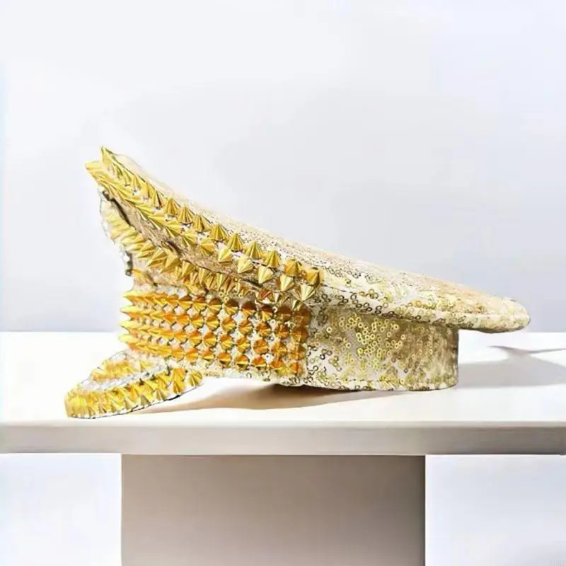 Gold Lion Sequined Rivet Studded Hat Headwear For Fashion Women Night Event Theme Party Accessories Marine Hat Headpiece 250513