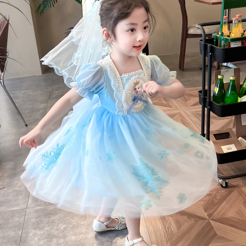 DISNEY Frozen Elsa princess kids designer clothes Girls' summer dress Baby chiffon short-sleeved dress children party dress princess gown.