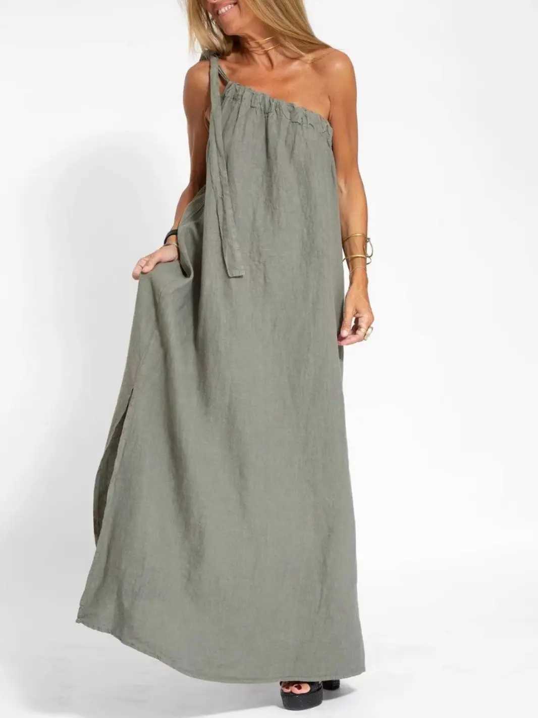 2025 Spring Cotton Linen Women Dress Long Black V-neck Sleeveless Loose A-line Dresses Female Elegant Trendy Casual Lady ClothesXJ250514