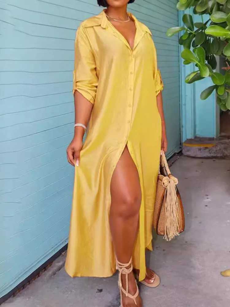 Shirts Dress For Women Full Sleeve Turn-down Neck Single Breasted Satin Maxi Long Dress 2025 Dresses Summer Party Loose DressesXJ250514