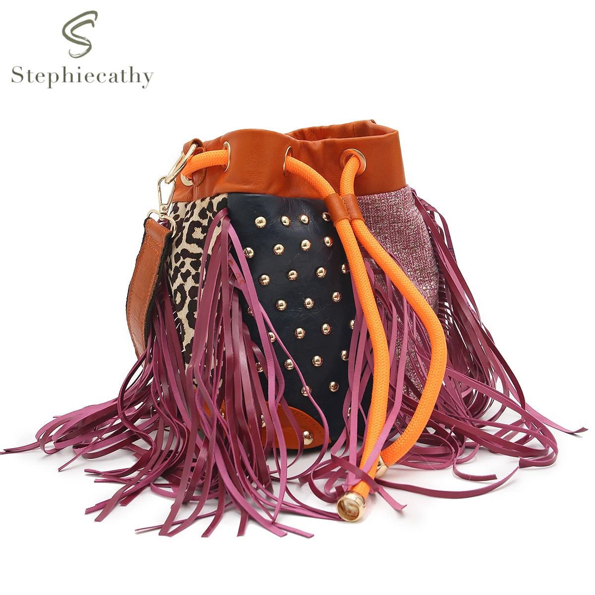Womens Retro Cowhide Tassel Handbag y Rivets Colorful Patchwork Leopard Print Bucket Purse Casual Cross body Shoulder Bag 250514